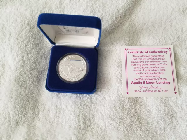 1993 Turks and Caicos Islands Silver Proof 20 Crowns Coin Apollo 11 25 Ann.