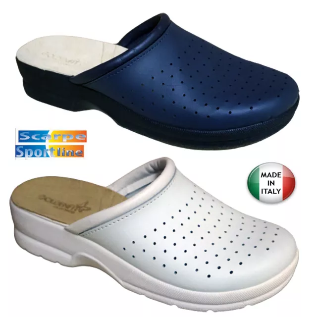 Goldenfit 707 Blu Bianco Pantofole  In  Pelle Ciabatte Sanitarie Donna