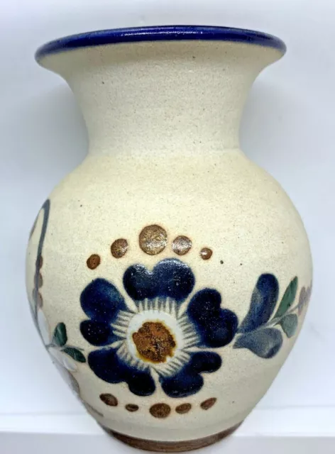 Vintage Mexican Tonala Sandstone Mexican Folk Art Pottery Vase 5" Tall Signed JC