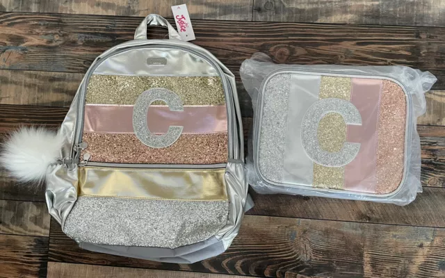 NWT Justice Girls Rose Gold Sparkle Backpack Initial “C” Lunch Tote Bag Set