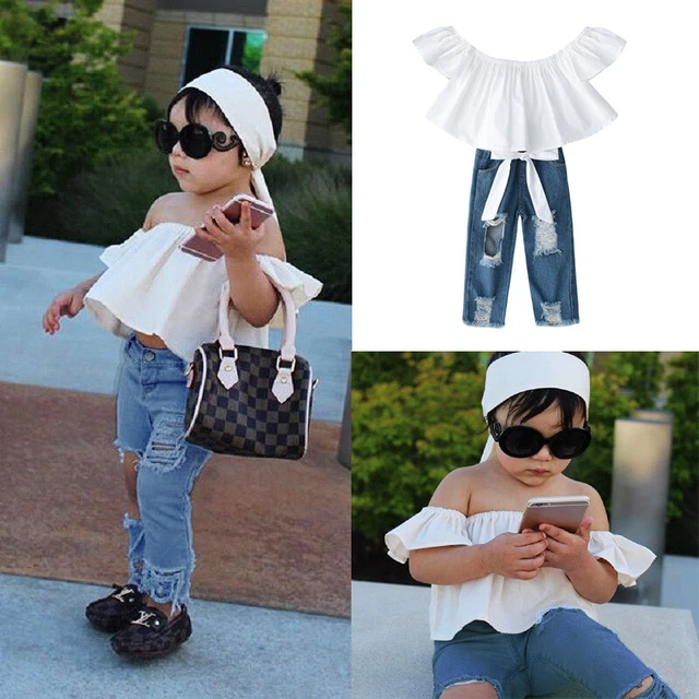 Abbigliamento pantaloni in denim neonata bambina vestiti maniche corte arricciate top