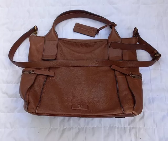 Fossil Emerson Cross Body Satchel Tan Leather Bag with Key Tan