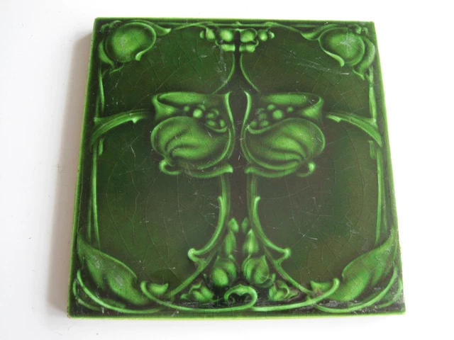 Antique 6" Moulded & Majolica Green Glazed Art Nouveau Marsden Tile C1906/08