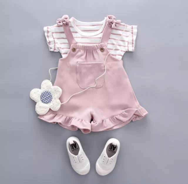 2-piece Cute Striped Top and Ruffle-cuffs Overalls for Baby/Toddler Girl