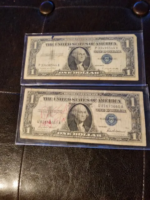 ✔ Two 1957 Blue Seal $1 Dollar Silver Certificate, , Old US One Dollar Bill