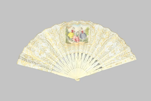 Biedermeier-Faltfächer, Bein/Papier/Spiegelglas, DE 19. Jh., H x B ca. 24 x 45cm