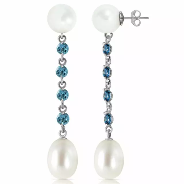 11 Carat 14K Solid White Gold Chandelier Blue Topaz & Pearl Gemstone Earrings