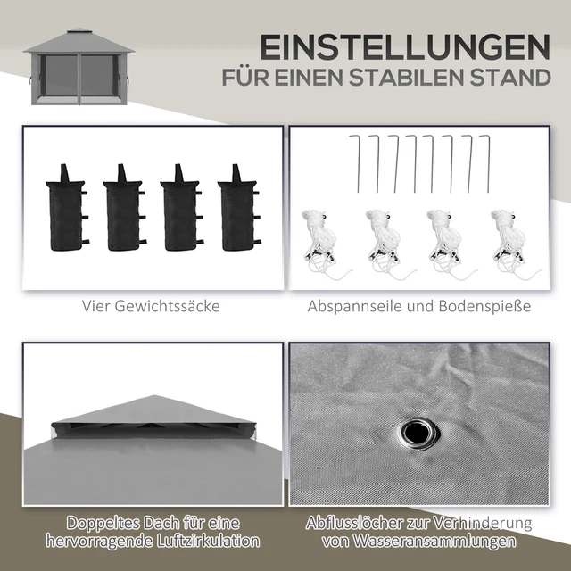 Outsunny Faltpavillon 4 x 4 m, Gartenpavillon mit 4 Netzwänden, UV-Schutz Grau 8