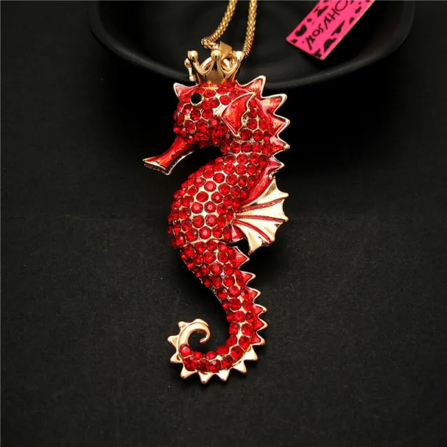 Fashion Women Lovely Red Enamel Crown Sea Horse Rhinestone Chain Woman Necklace