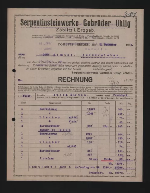 ZÖBLITZ, Rechnung 1922, Serpentin-Steinwerke Gebrüder Uhlig