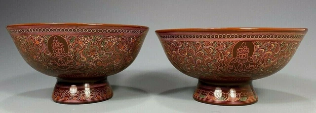 Burma Burmese Pair Pedesta Bowls Golden Elephant Lacquer Myingabar Village-Burma