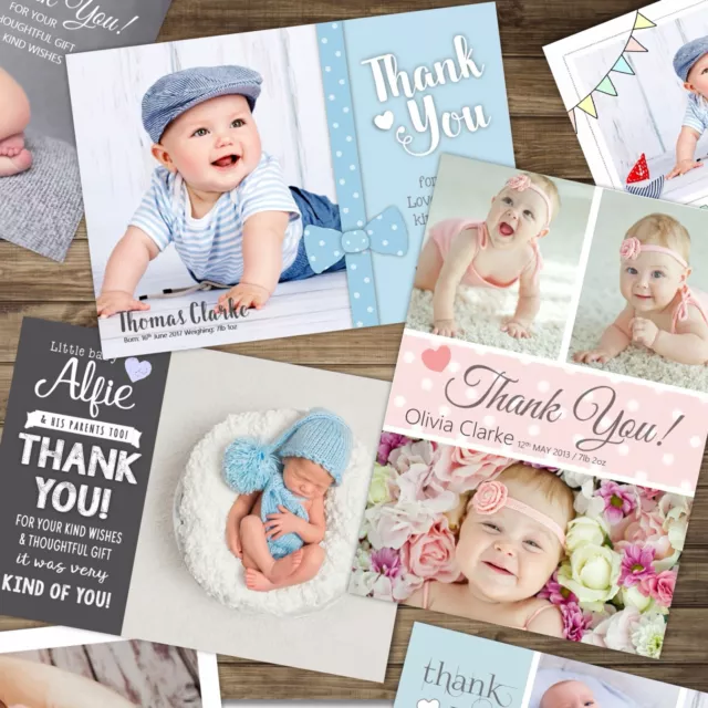 Personalised New Baby Thank You Cards / Announcement inc Envelopes + Photo (B1)