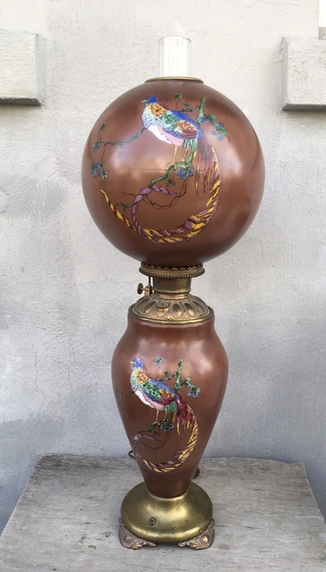 Antique Victorian Exotic Pheasant Bird PARLOR GWTW LAMP Electrified Chinoiserie