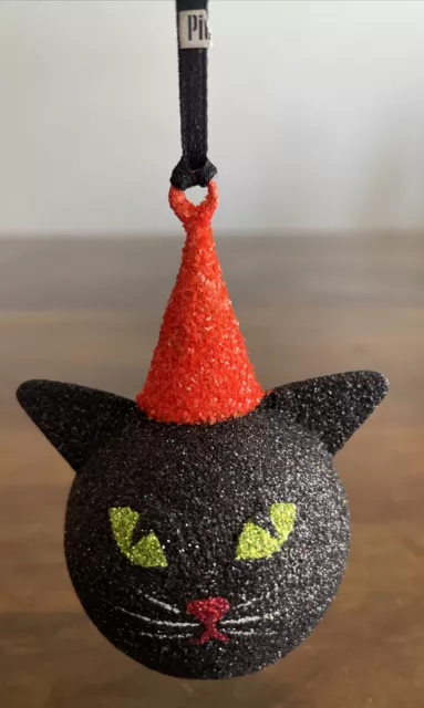Pier 1 Imports Halloween Christmas 3.25" Black Glitter Cat Orange Hat Ornament