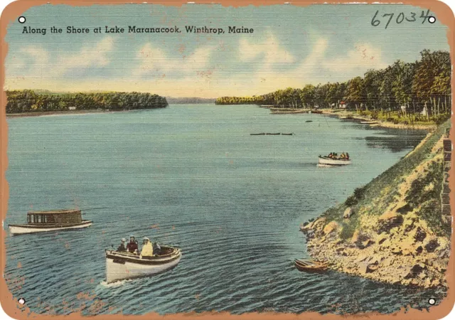 Metal Sign - Maine Postcard - Along the shore at Lake Maranacook, Winthrop, Mai