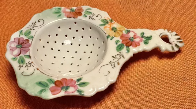 Antique Tea Strainer Hand Painted Floral Porcelain