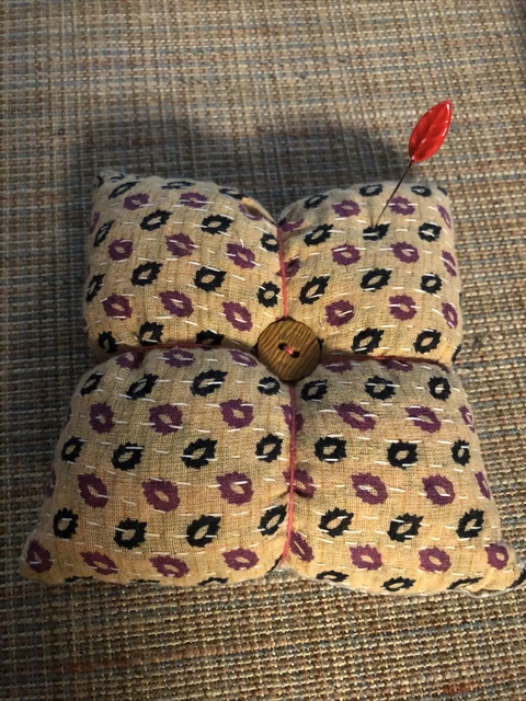 handmade pincushion vintage kantha quilt reversible 4.5” square vintage buttons