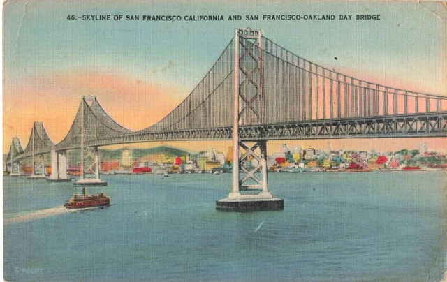San Francisco CA California, City Skyline & Oakland Bay Bridge, Vintage Postcard