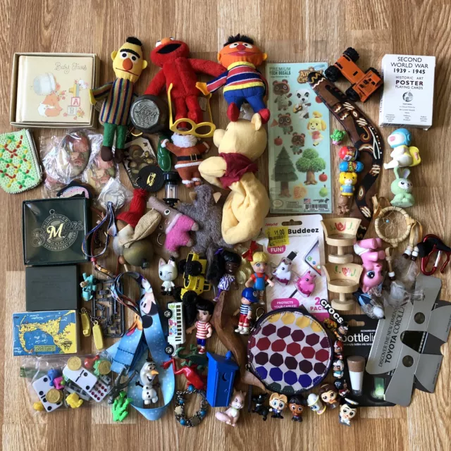 Junk Drawer Lot VTG Treasure Stickers toy Figurines Disney cards keychain tonka