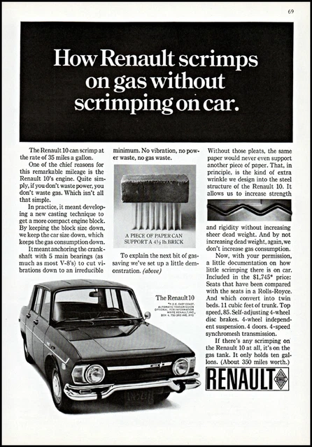 1968 Renault car scrimps on gas automobile vintage photo Print Ad ads30