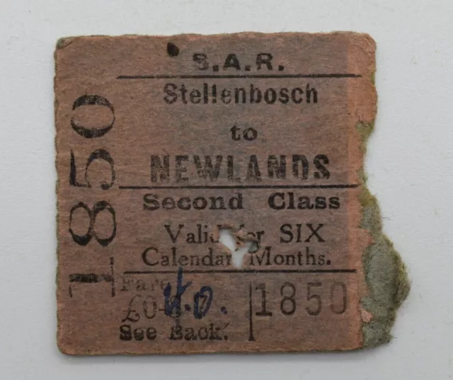 1944 SAR Railway Ticket Stellenbosch to Newlands #1850