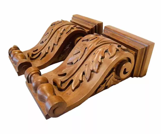 Pair Solid Cherry Corbels Acanthus Leaf Scroll Carved Wood Wall Brackets 12x6in