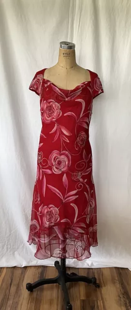 Sangria Vintage Red Floral Midi Dress Cap Sleeve Cowl Neck Size 16