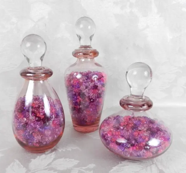 3 Glass Bottles w Glass Stopper Clear Iridescent Pink Purple Beads 7.75" 7" 5"