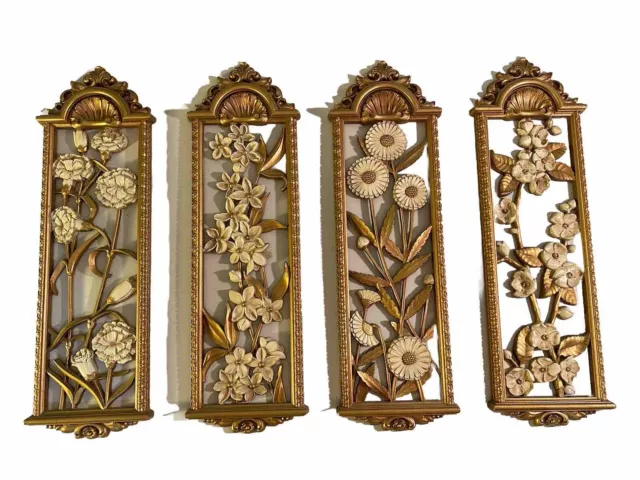 SYROCO Gold WALL PLAQUES Hangings Floral MCM Mid Century Flowers 23x7" SET OF 4