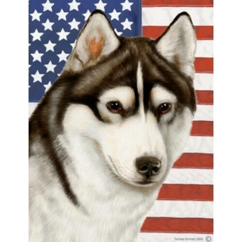 Patriotic (D2) Garden Flag - Brown-Eyed Black and White Siberian Husky 320381