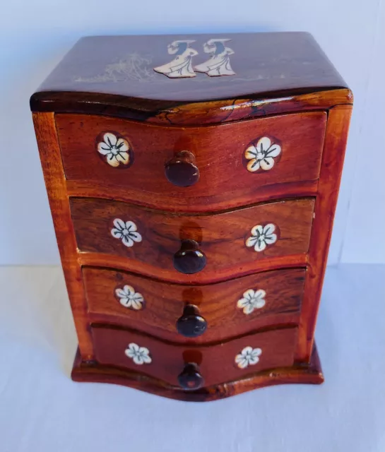 WOODEN Vintage Small Oriental Jewellery Box x4 Velvet Draws Wood Storage 15cm