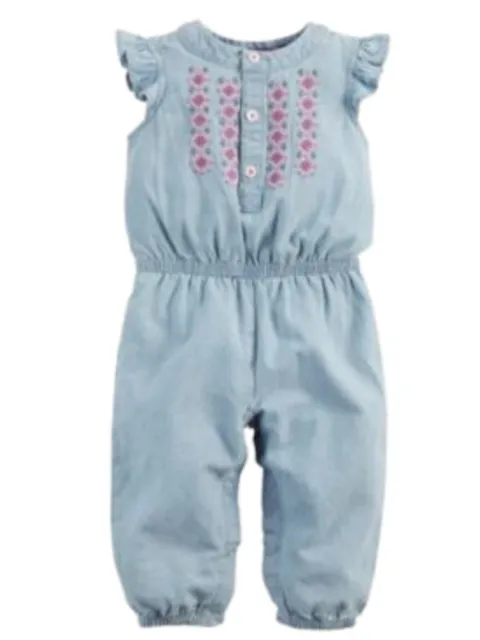 Carters Infant Girls Blue Denim & Pink Diamond Jumpsuit Coverall Outfit