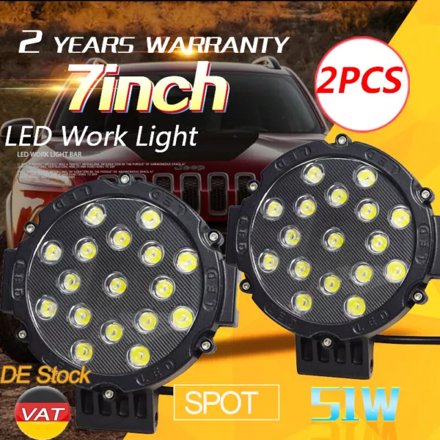 2X 7 Zoll 51W Spot LED Work Light Bar Arbeitsscheinwerfer Offroad SUV Schwarz