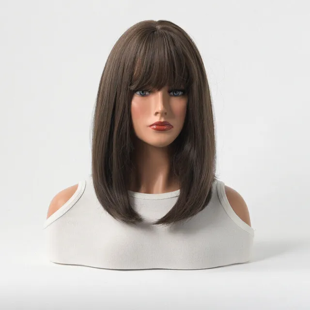 New Black Brown Synthetic Hair Straight Wig Woman Simulation Hair With Bangs