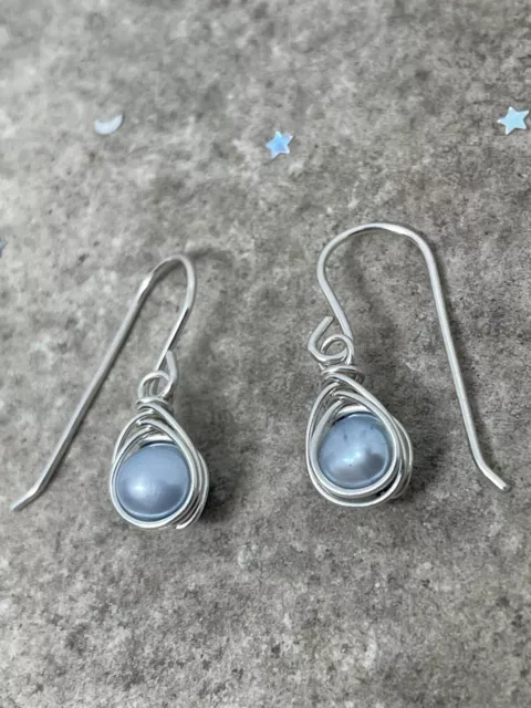 Sterling Silver Blue Freshwater Pearl Dangle Earrings, Dainty Earrings