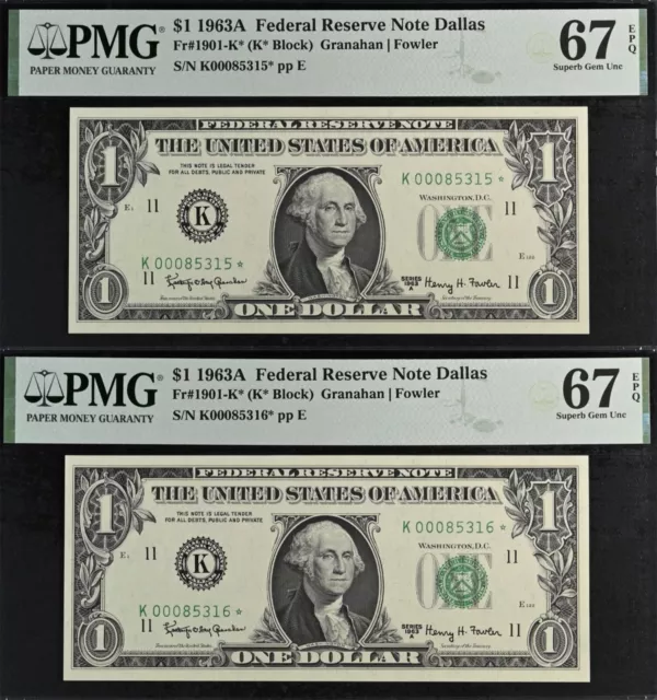 1963A $1 Federal Reserve Note PMG 67EPQ 2 consecutive Dallas star Fr 1901-K*