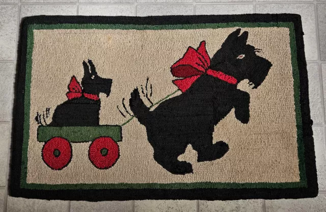 Antique Folk Art Hand Hooked Rug SCOTTY Dog Pulling Cart w Scottie Pup Red Bows