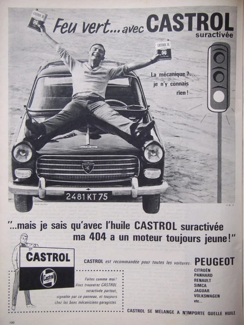Publicité De Presse 1961 Feu Vert Avec L'huile Castrol Suractivée - Peugeot 404