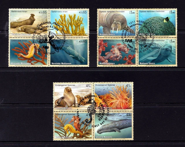 UNITED NATIONS 2008 Endangered Species Set of 12 Used All 3 Offices