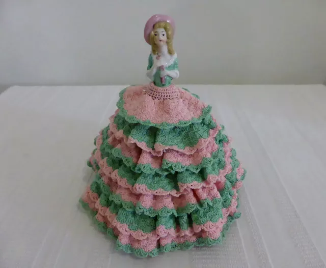 Vintage porcelain HALF DOLL LADY w/ crochet DRESS figurine ornament pink green