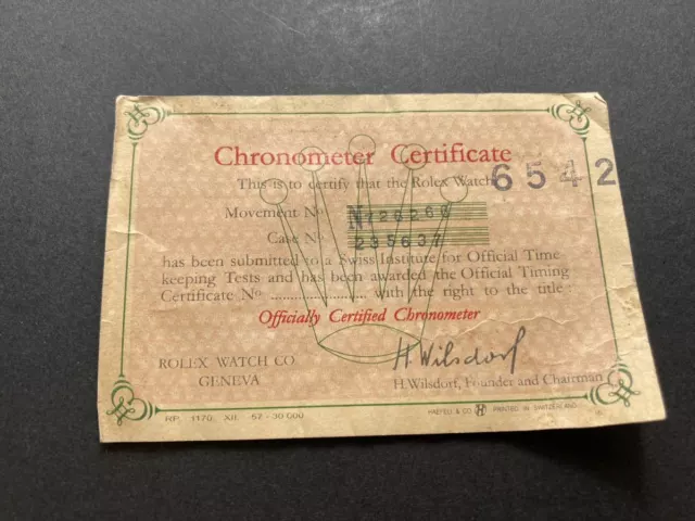 Genuine 1956 Rolex 6542 Chronometer Certificate #337