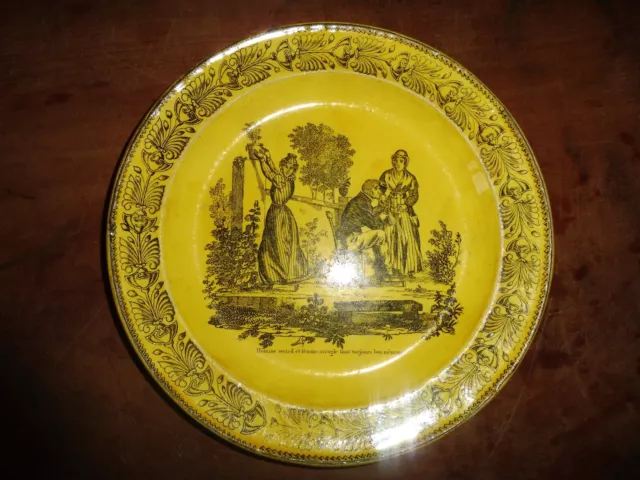 Assiette Montereau 1830 fond jaune Homme sourd et femme aveugle font bon ménage