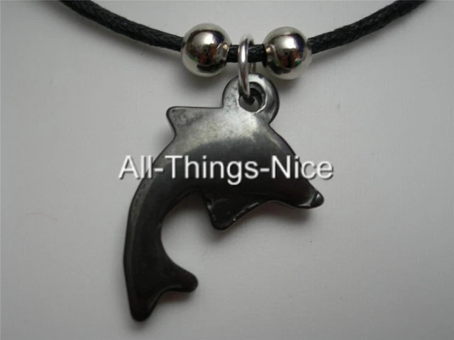 Collana Ciondolo Pietra Preziosa EMATITE 30mm DELFINO Pesce Love Nero Goto
