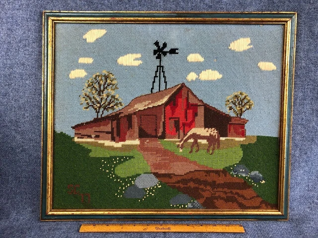 Vintage 1977 Wool Needlework Barn Farm Scene Picture Framed