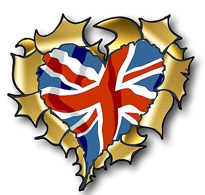 Ripped Torn Metal GOLD HEART & Union Jack British GB UK Flag vinyl car sticker