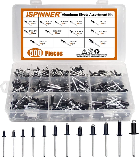 500Pcs 12 Sizes Aluminum Blind Rivets, Pop Rivets Assortment Kit 3/32" 1/8" 5/3