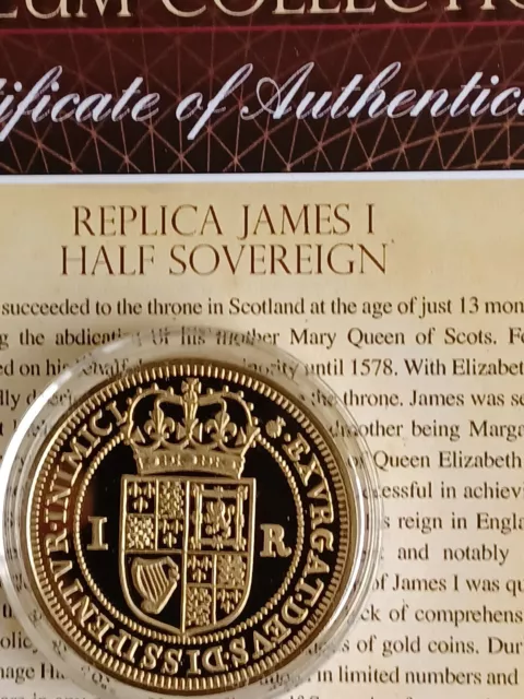 JAMES I  HALF SOVEREIGN 24CT GOLD PLATED PROOF MUSEUM COLLECTION - coa