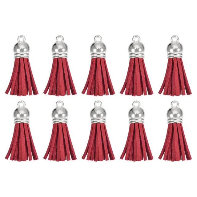 30Pcs 1.5" Leather Tassels Keychain Charm with Silver Cap for DIY, Red
