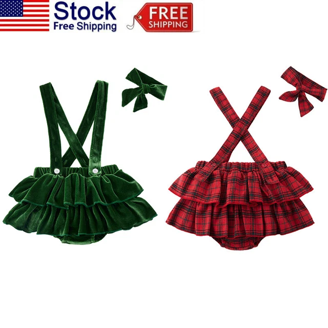 Toddler Baby Girls Dress Plaid Suspender Skirt Headband Christmas Strap Dress US