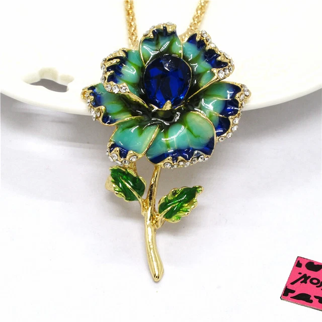 Betsey Johnson Blue Enamel Beautiful Flower Crystal Pendant Women Necklace